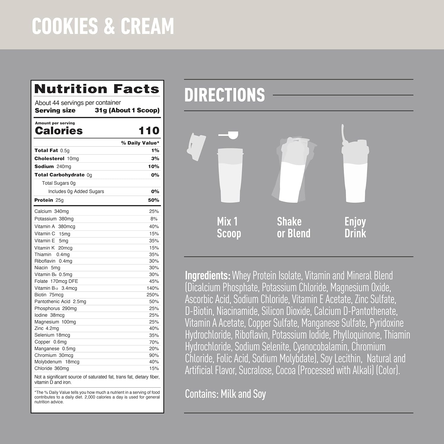 Isopure Zero Carb Cookies & Cream Whey Isolate Protein Powder, 25g Protein, 3 Lbs, 44 Servings, Lactose & Gluten Free with Vitamins