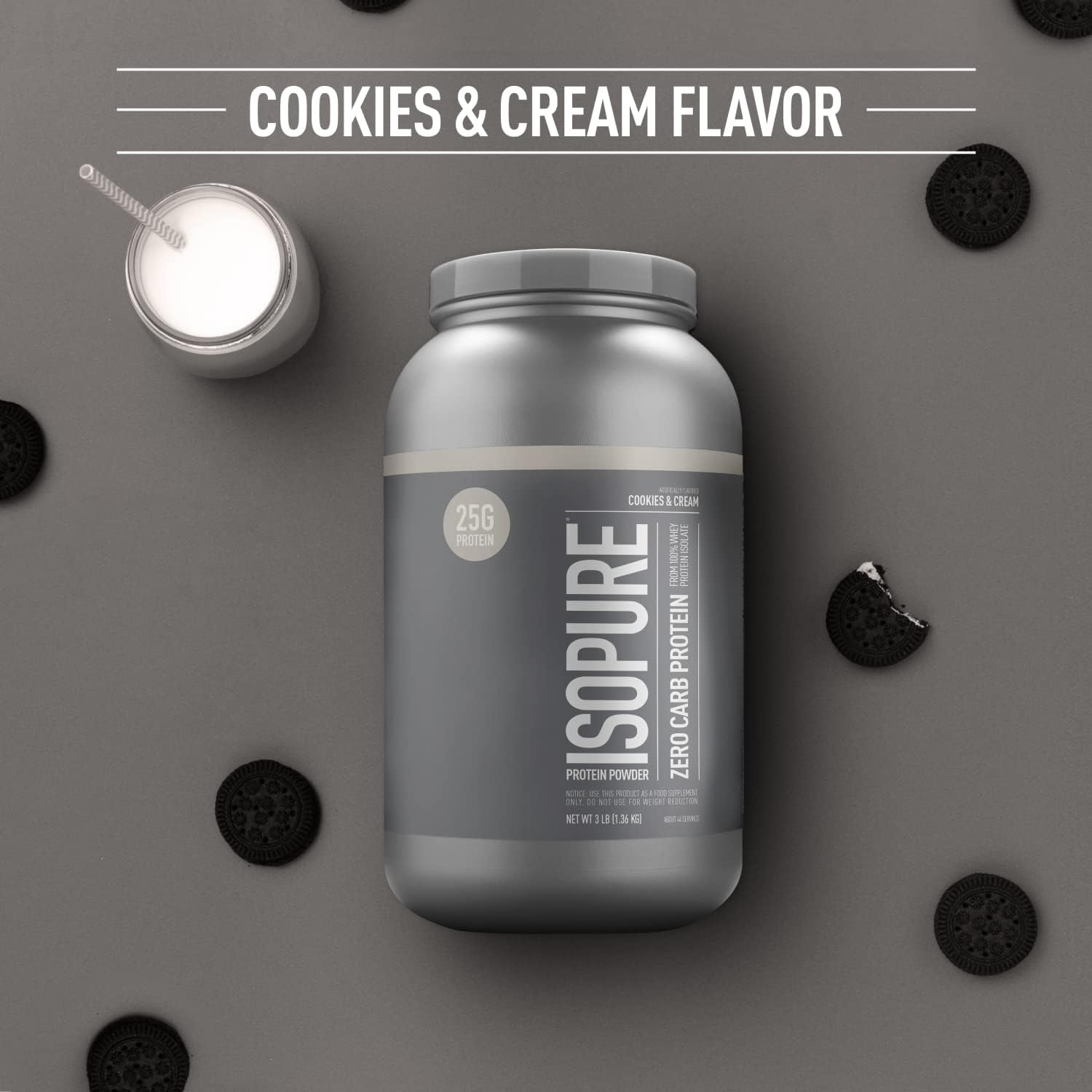 Isopure Zero Carb Cookies & Cream Whey Isolate Protein Powder, 25g Protein, 3 Lbs, 44 Servings, Lactose & Gluten Free with Vitamins