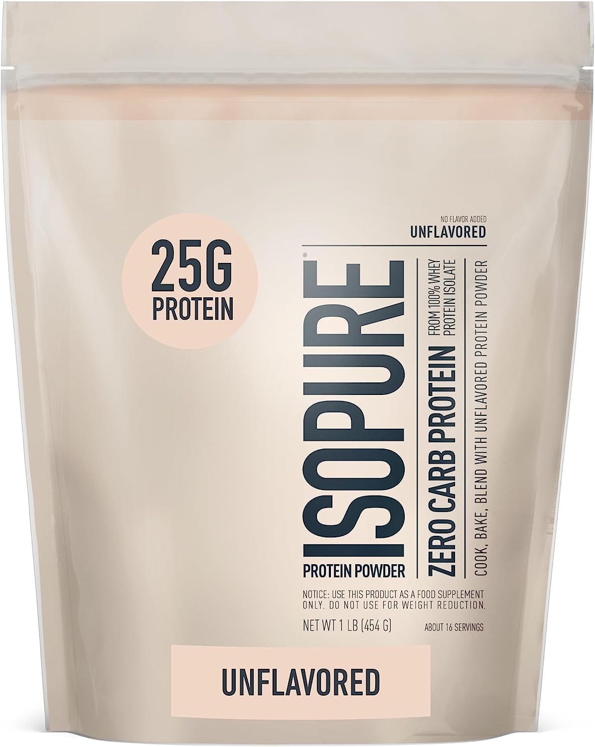 Isopure Zero Carb Whey Isolate Protein Powder - 100% Pure, Lactose Free, Gluten Free, Unflavored - 25g Protein, 1 lb - 16 Servings