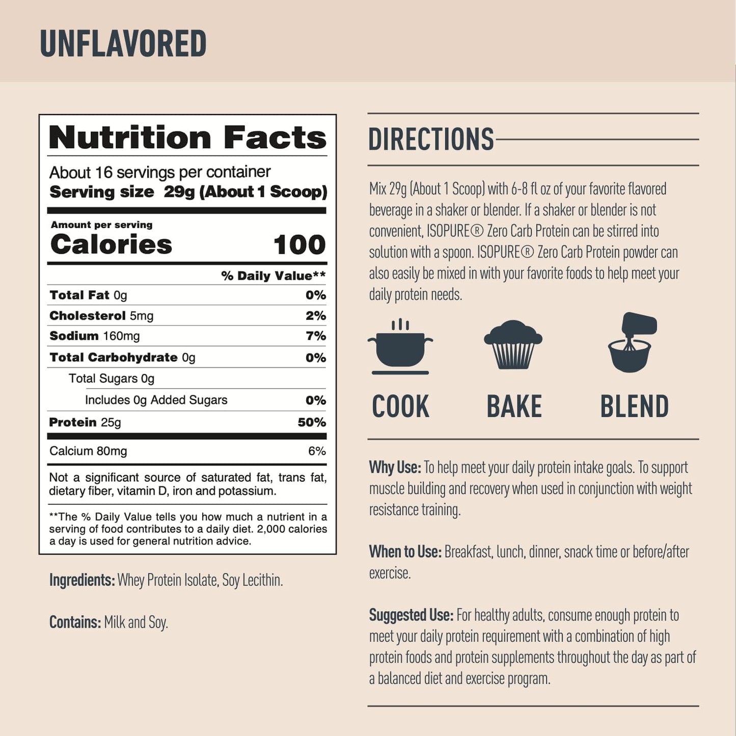 Isopure Zero Carb Whey Isolate Protein Powder - 100% Pure, Lactose Free, Gluten Free, Unflavored - 25g Protein, 1 lb - 16 Servings