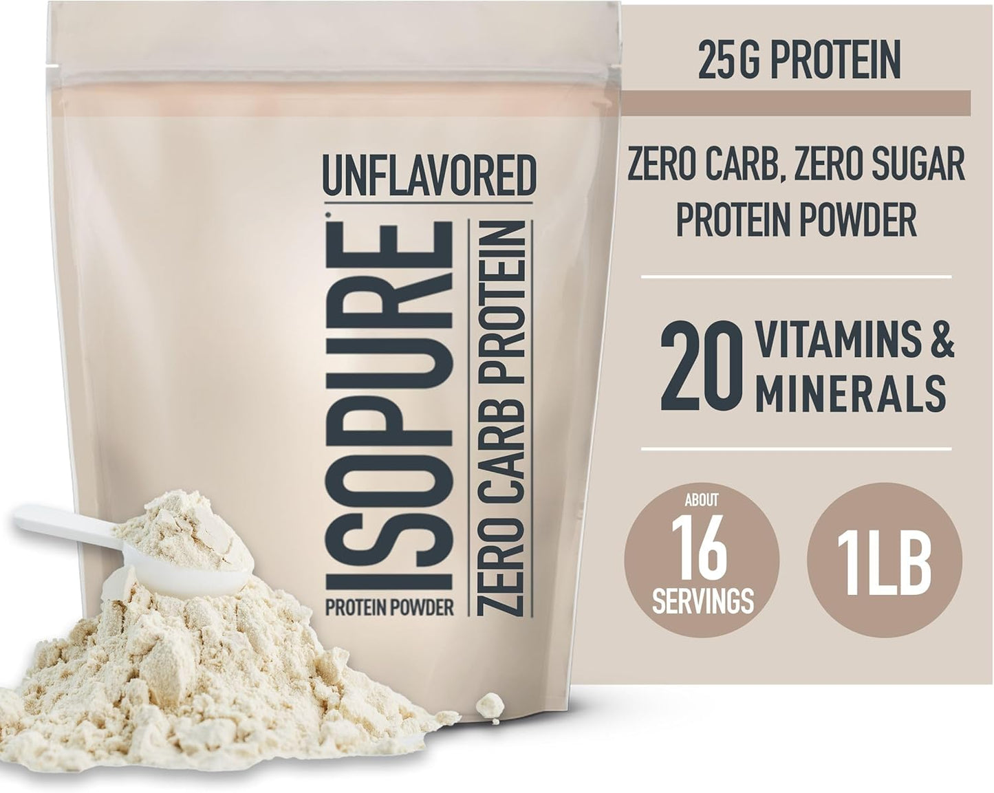 Isopure Zero Carb Whey Isolate Protein Powder - 100% Pure, Lactose Free, Gluten Free, Unflavored - 25g Protein, 1 lb - 16 Servings
