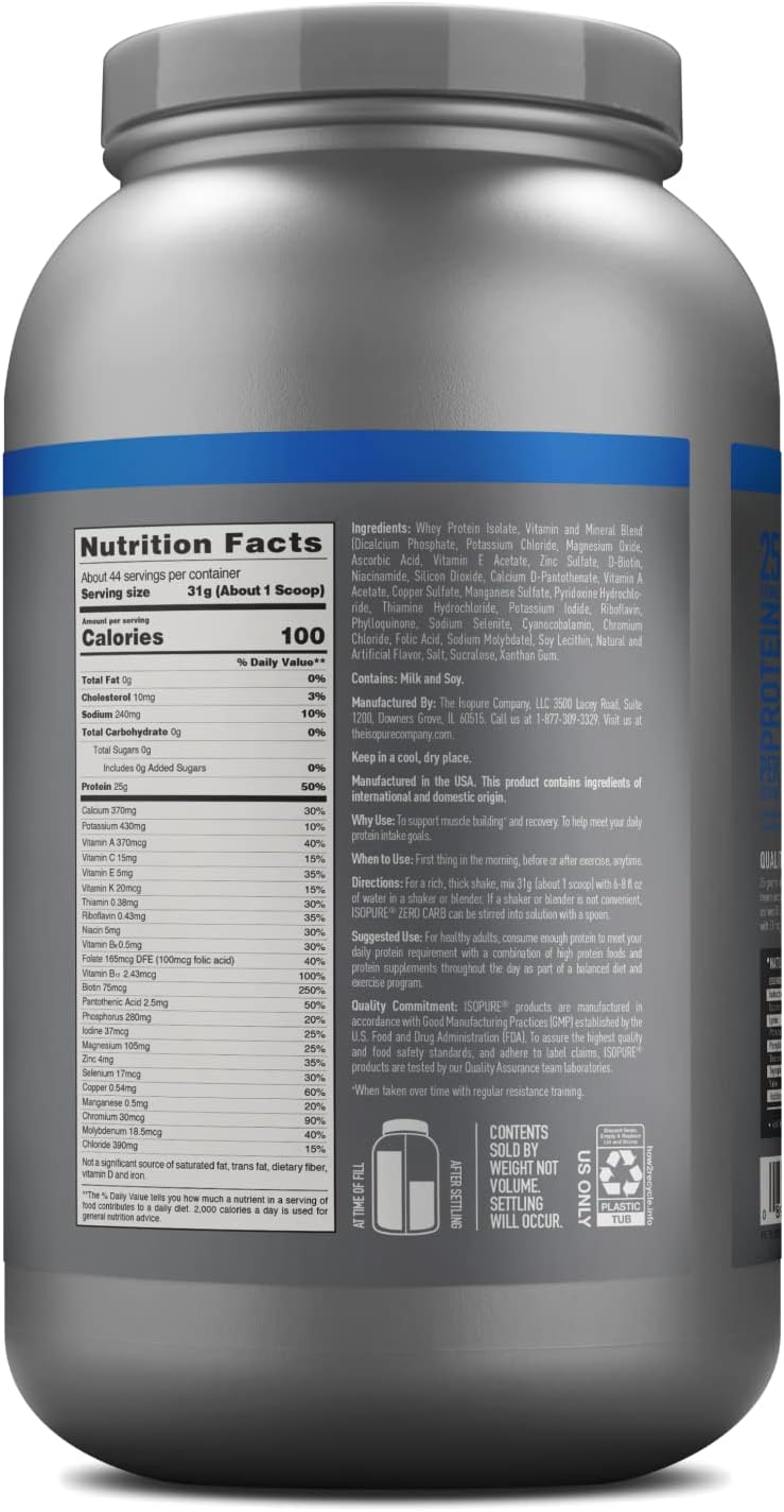 Isopure Zero Carb Whey Isolate Protein Powder - Creamy Vanilla, 25g Protein, Lactose & Gluten Free, 3 lbs, 44 Servings