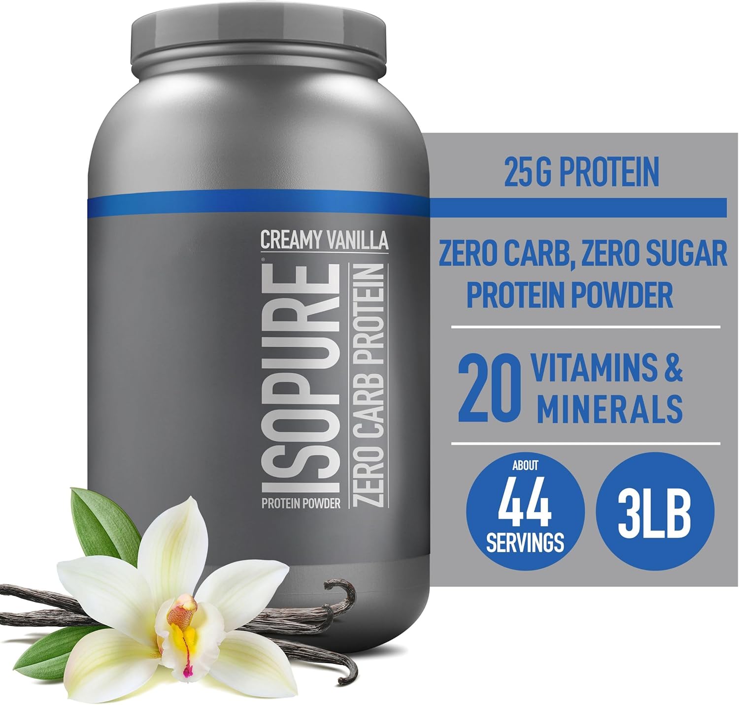 Isopure Zero Carb Whey Isolate Protein Powder - Creamy Vanilla, 25g Protein, Lactose & Gluten Free, 3 lbs, 44 Servings