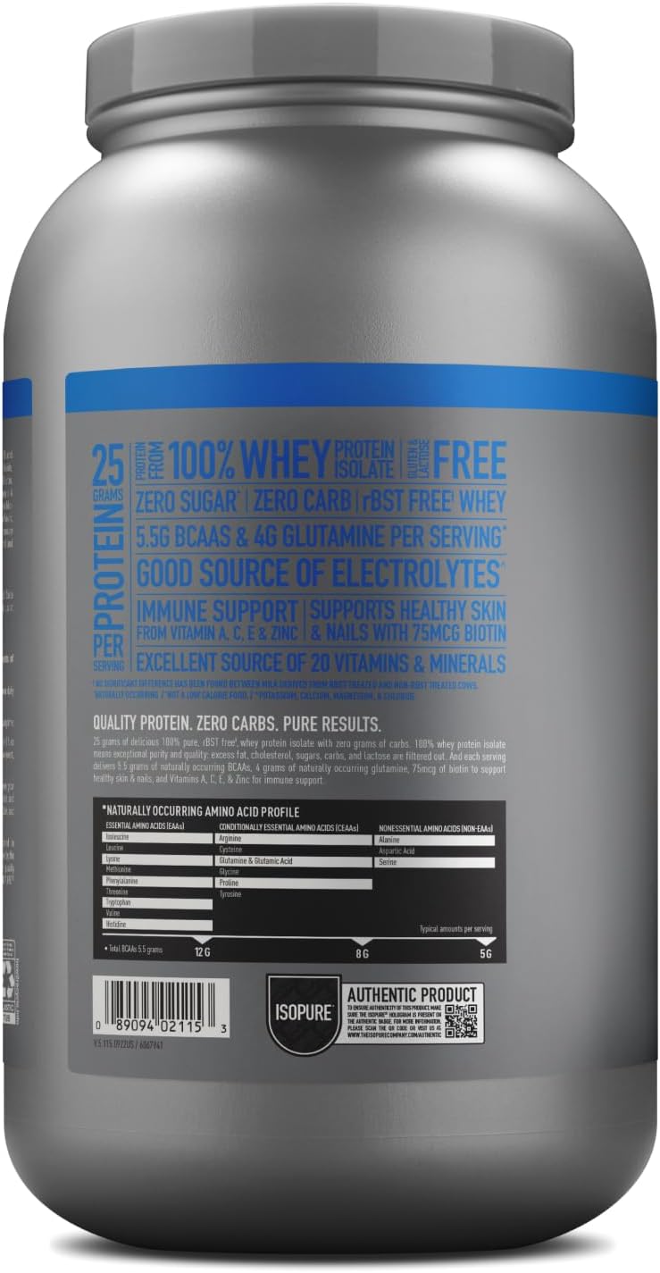 Isopure Zero Carb Whey Isolate Protein Powder - Creamy Vanilla, 25g Protein, Lactose & Gluten Free, 3 lbs, 44 Servings