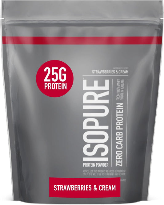 Isopure Zero Carb Whey Isolate Protein Powder - Strawberries & Cream Flavor - 25g Protein Per Serving - Lactose & Gluten Free - 1 Lb Size - 15 Servings
