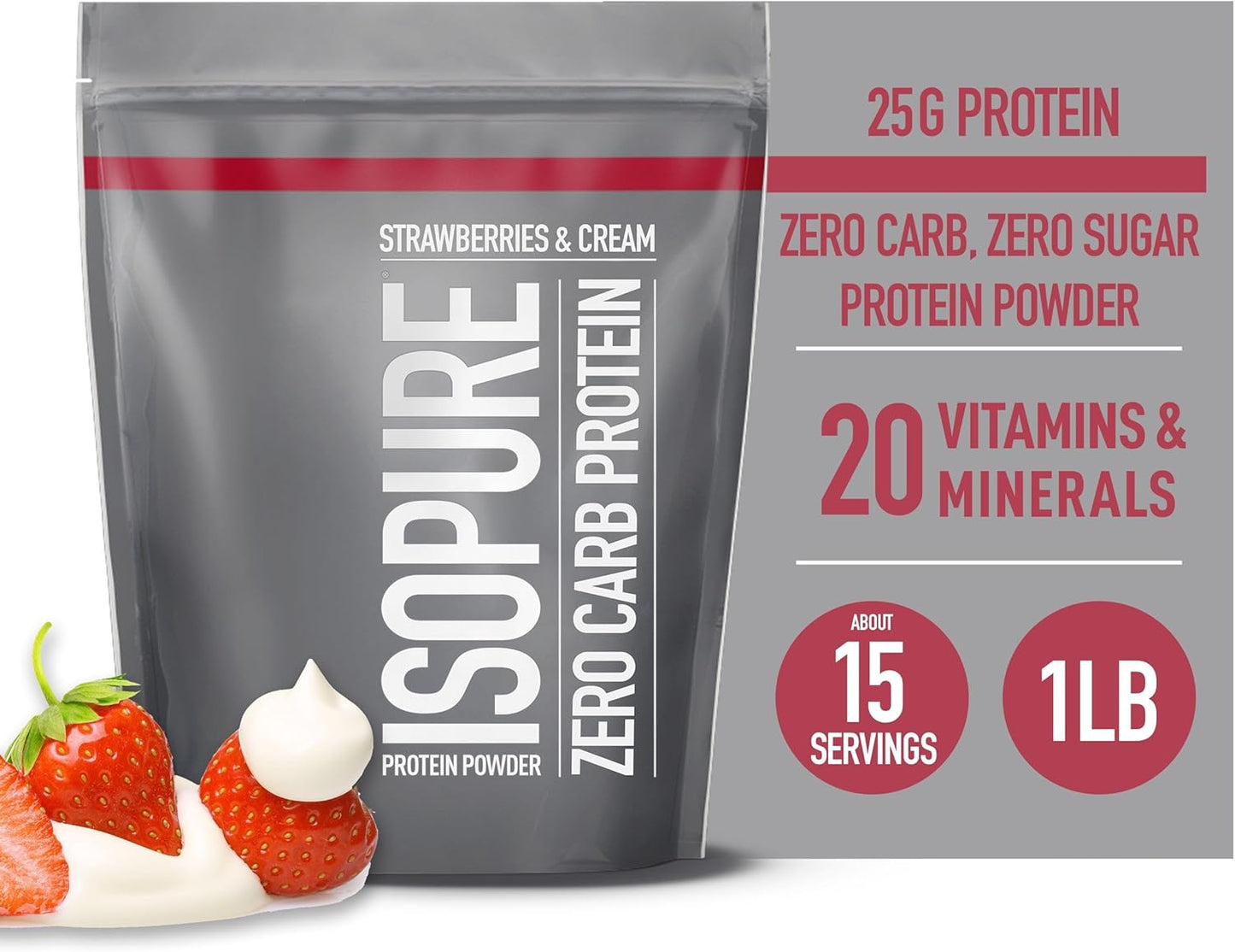 Isopure Zero Carb Whey Isolate Protein Powder - Strawberries & Cream Flavor - 25g Protein Per Serving - Lactose & Gluten Free - 1 Lb Size - 15 Servings