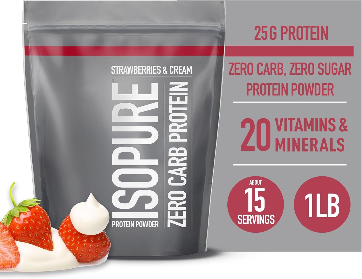 Isopure Zero Carb Whey Isolate Protein Powder - Strawberries & Cream Flavor - 25g Protein Per Serving - Lactose & Gluten Free - 1 Lb Size - 15 Servings