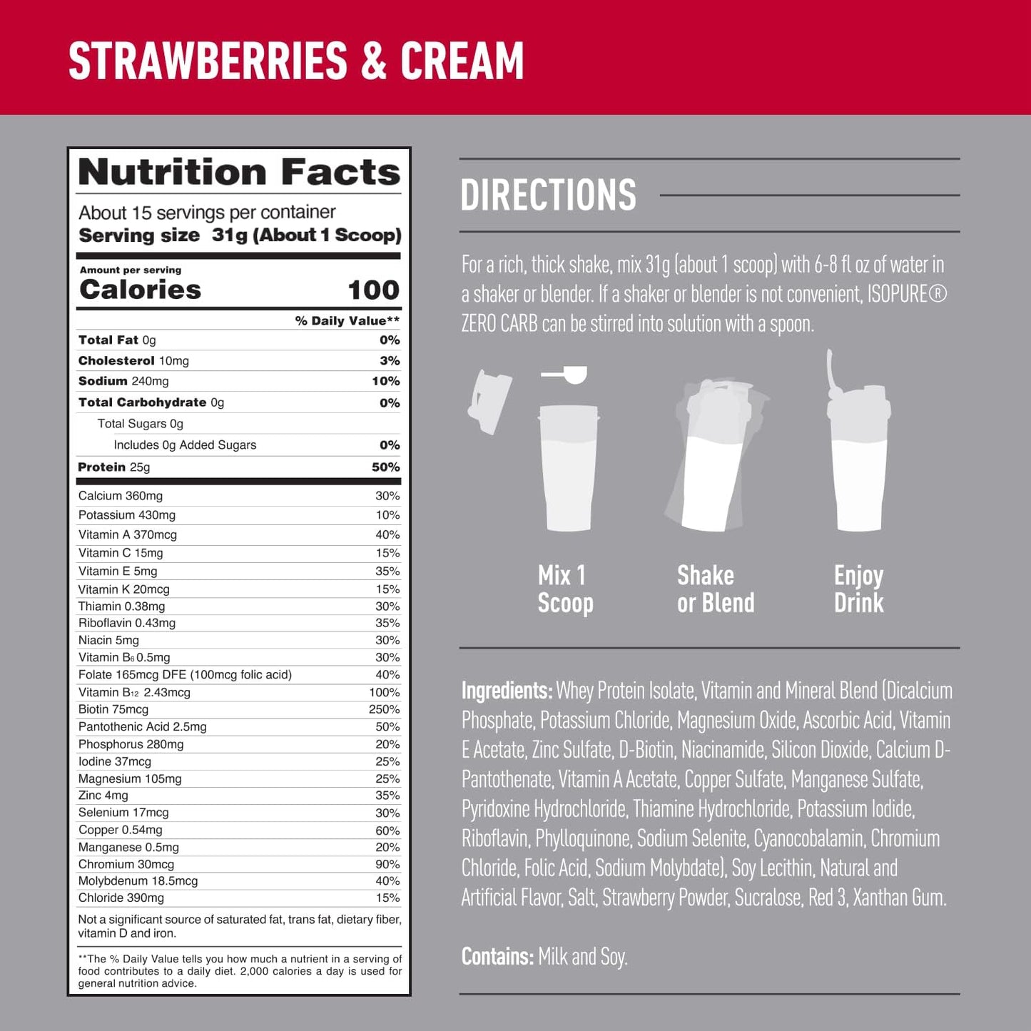 Isopure Zero Carb Whey Isolate Protein Powder - Strawberries & Cream Flavor - 25g Protein Per Serving - Lactose & Gluten Free - 1 Lb Size - 15 Servings
