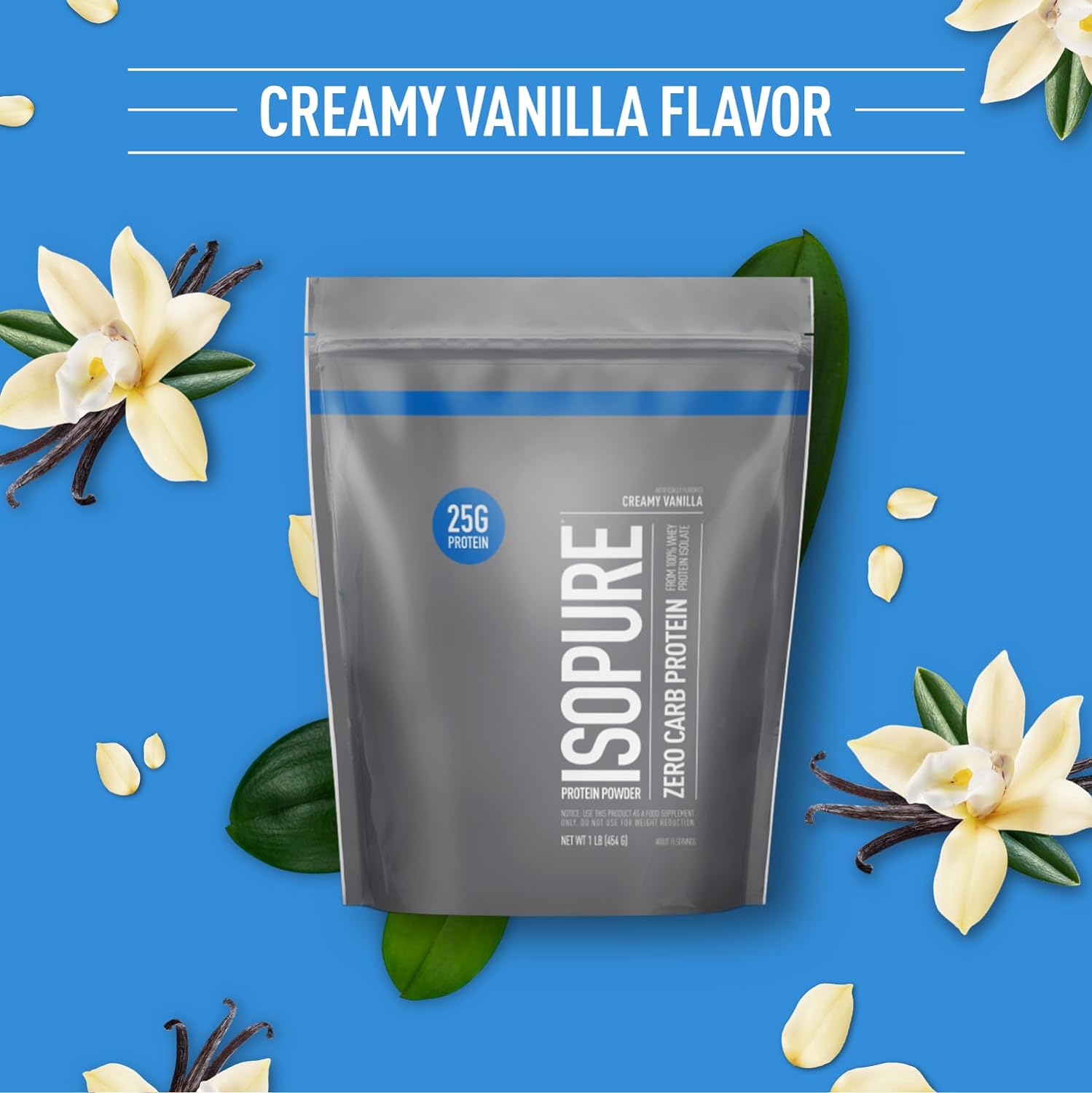 Isopure Zero Carb Whey Isolate Protein Powder, Creamy Vanilla, 1 lb, 25g Protein, Lactose & Gluten Free, With Vitamins - 15 Servings