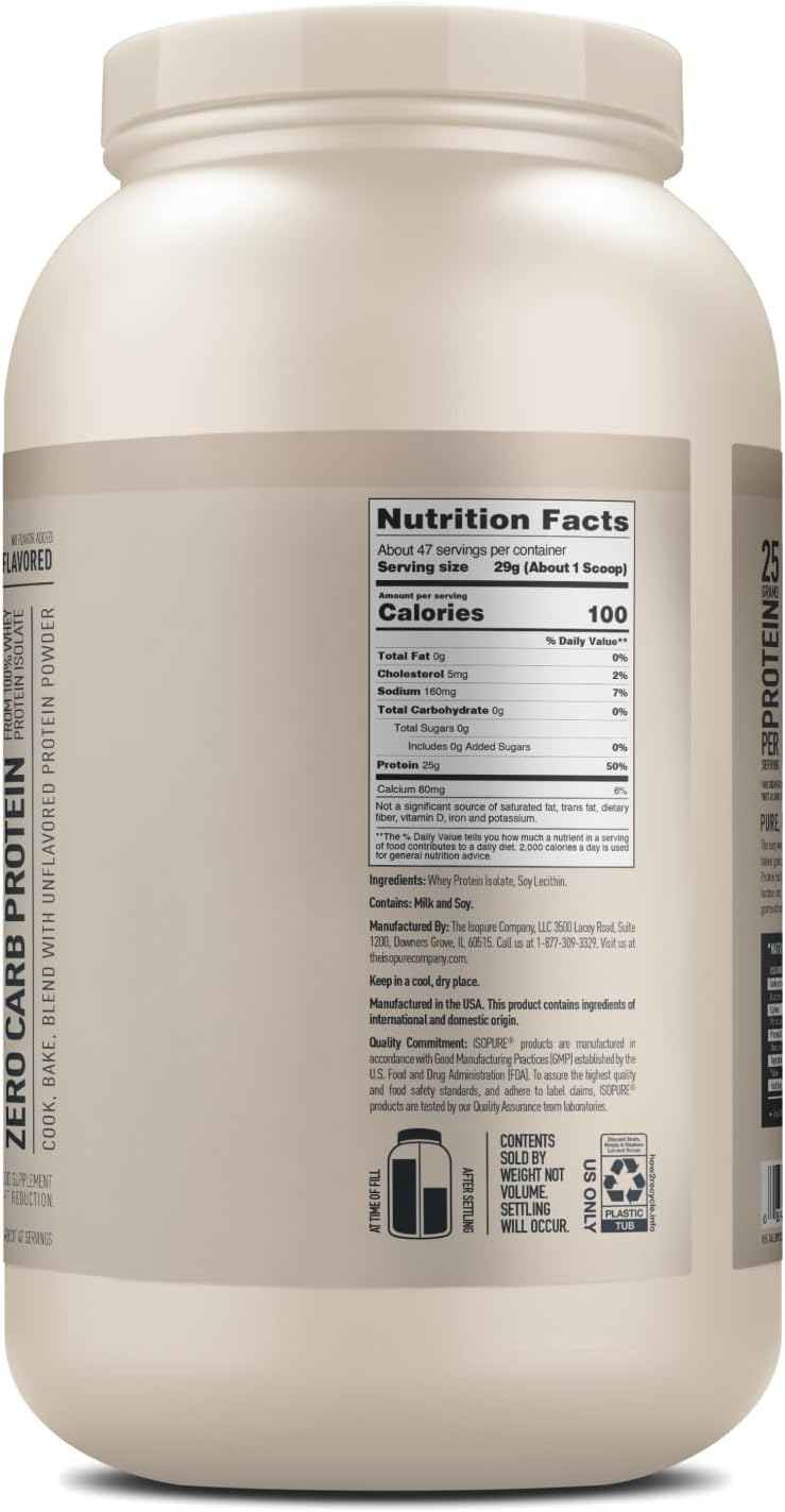 Isopure Zero Carb Whey Isolate Protein Powder, Unflavored, 25g Protein, 3 Lbs, Gluten & Lactose Free, 47 Servings, With Vitamins