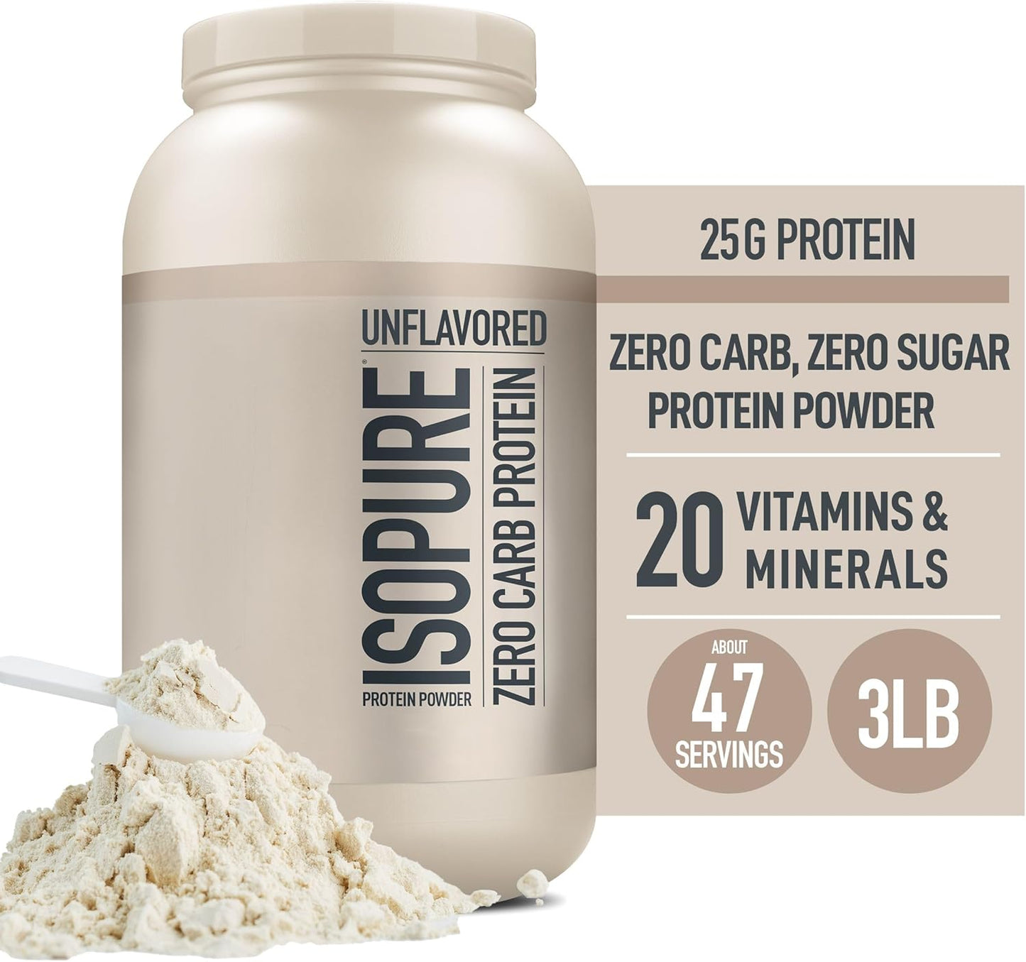Isopure Zero Carb Whey Isolate Protein Powder, Unflavored, 25g Protein, 3 Lbs, Gluten & Lactose Free, 47 Servings, With Vitamins