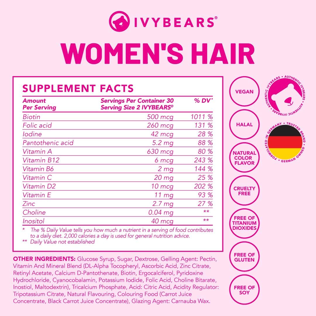 IvyBears Women’s Hair Vitamins Gummies | Biotin 15,000mcg & Multi-Vitamin Complex | Vegan Hair Care | 1 Month Supply - 60 Count