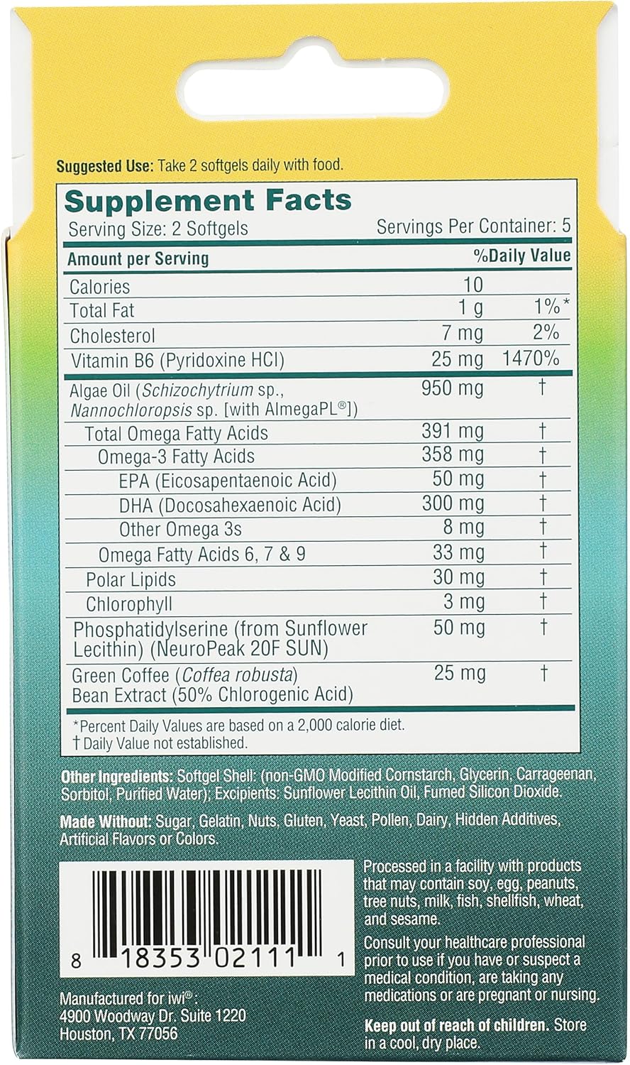 iWi Omega 3 Brain Focus Support Softgels, 10 Count Pack for 5 Days