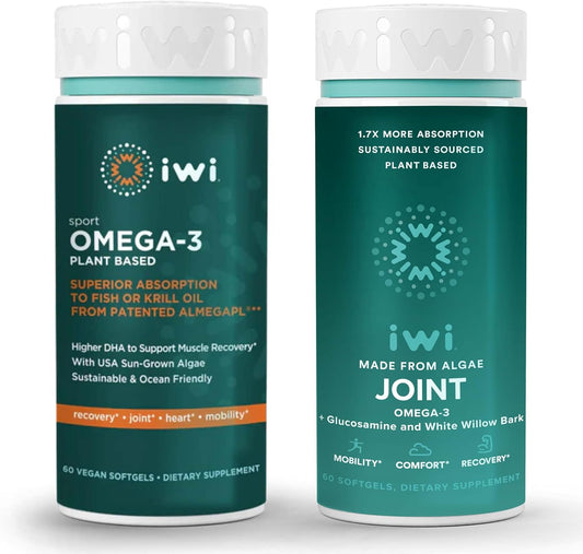 iwi Omega-3 Sport & Joint Bundle - 30 Servings Vegan Algae Omega-3, Krill & Fish Oil Alternative
