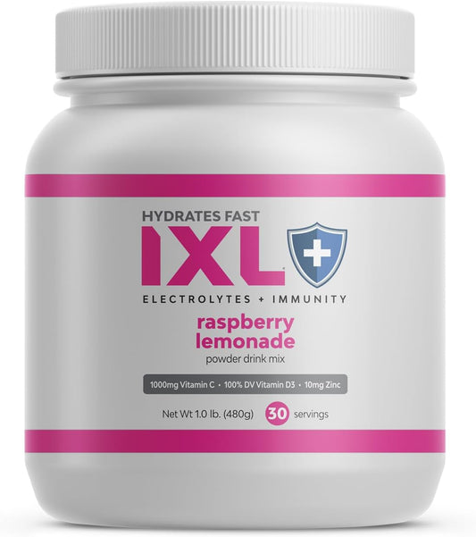 IXL® Electrolyte + Immunity Powder Drink Mix - 480g Tub, Raspberry Lemonade Flavor, Potassium-Rich, Fast Hydration, Immune-Boosting Amino Acids