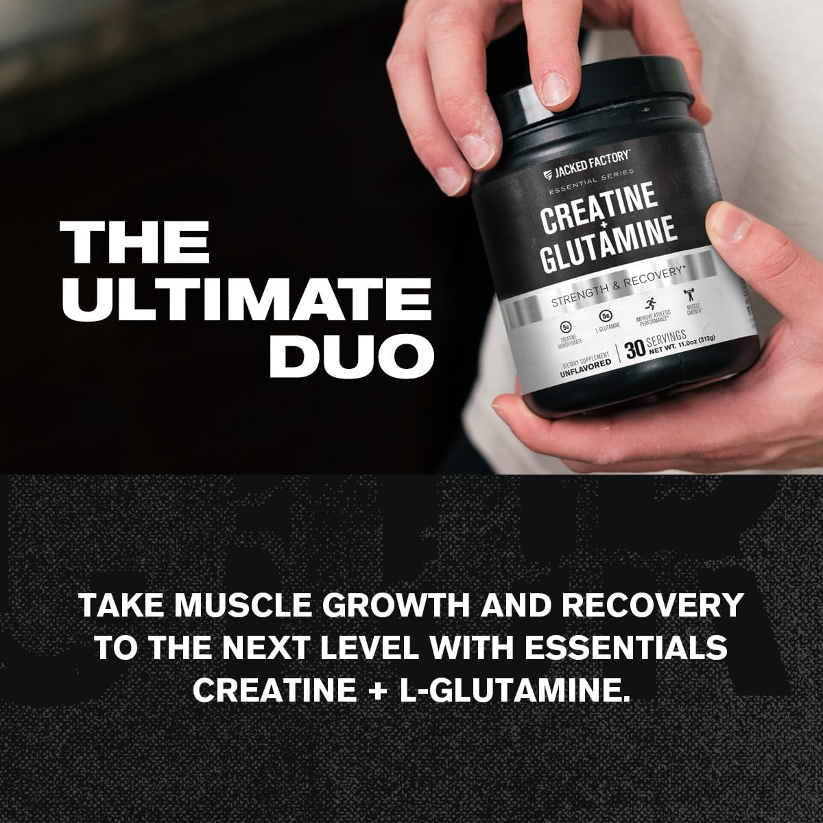 Jacked Factory Creatine + Glutamine: Muscle Recovery & Growth Supplement - 30 Servings, Unflavored