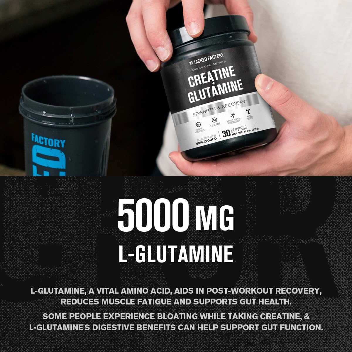 Jacked Factory Creatine + Glutamine: Muscle Recovery & Growth Supplement - 30 Servings, Unflavored