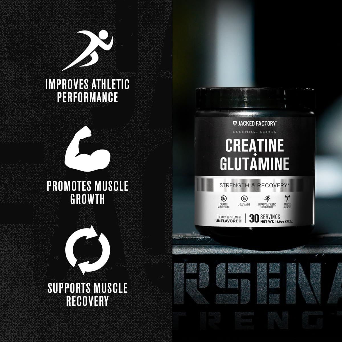Jacked Factory Creatine + Glutamine: Muscle Recovery & Growth Supplement - 30 Servings, Unflavored