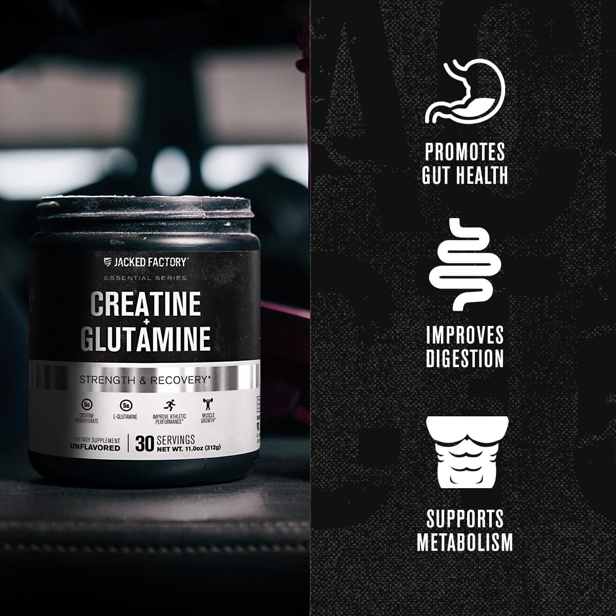 Jacked Factory Creatine + Glutamine: Muscle Recovery & Growth Supplement - 30 Servings, Unflavored