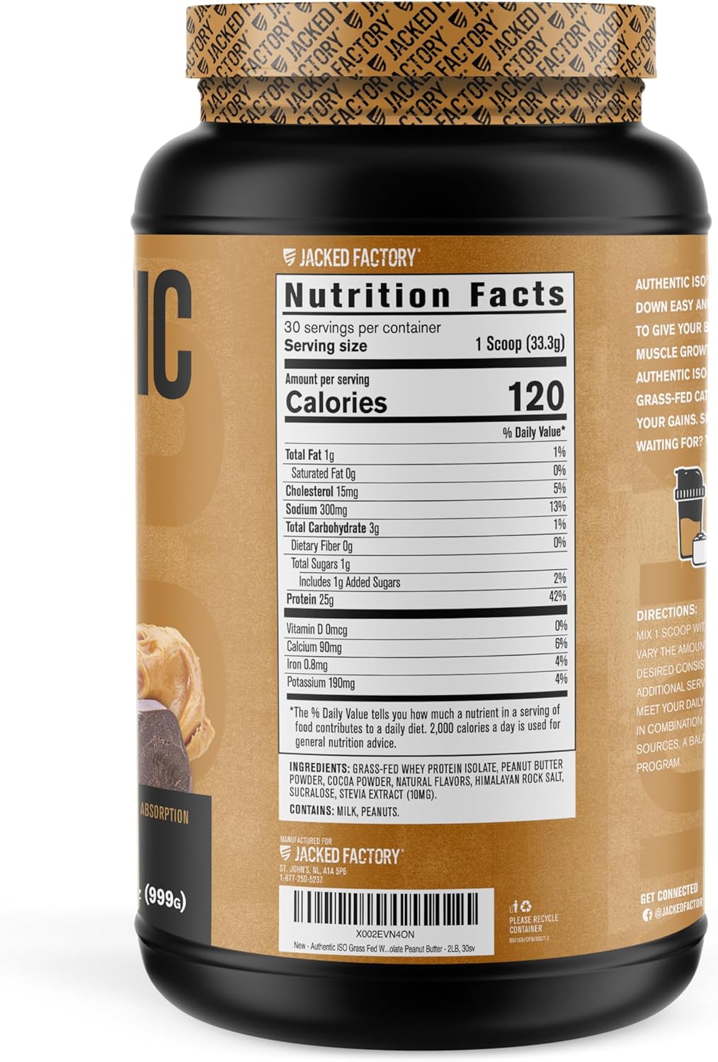 Jacked Factory Grass Fed Whey Protein Isolate Powder - Chocolate Peanut Butter Flavor, Low Carb, Non-GMO, Muscle Building Protein for Post Workout Recovery - 2LB, 30 Servings