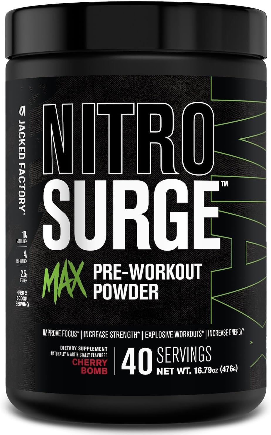 Jacked Factory Nitrosurge Max Pre-Workout Powder with Nootropic Ingredients - High Performance Formula for Focus, Energy, and Endurance - 40 Servings, Cherry Bomb Flavor