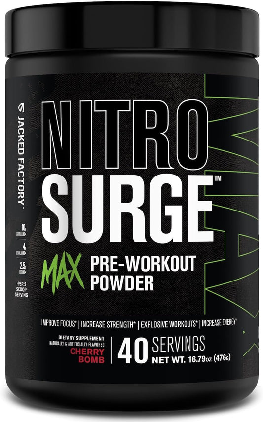 Jacked Factory Nitrosurge Max Pre-Workout Powder with Nootropic Ingredients - High Performance Formula for Focus, Energy, and Endurance - 40 Servings, Cherry Bomb Flavor