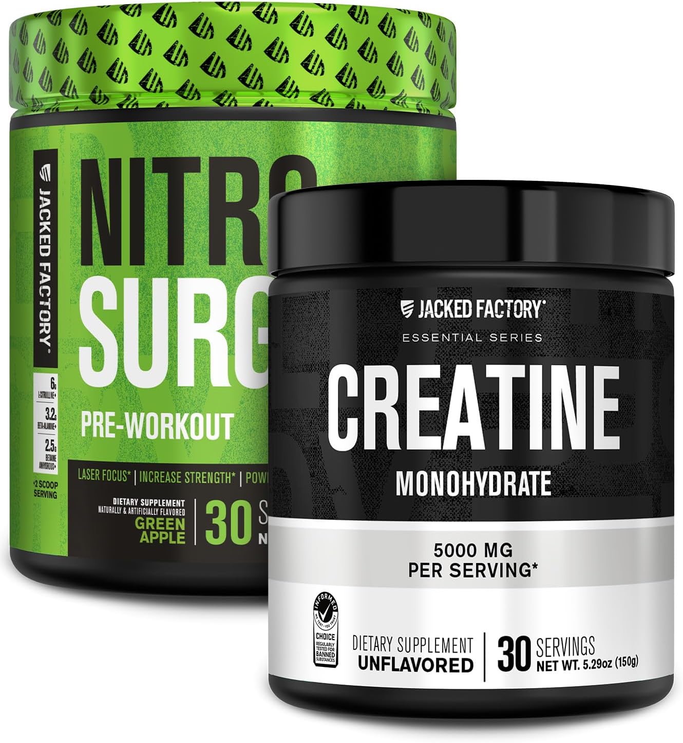 Jacked Factory NITROSURGE Pre Workout & Creatine Monohydrate Bundle - Green Apple & Unflavored, 30 Servings each