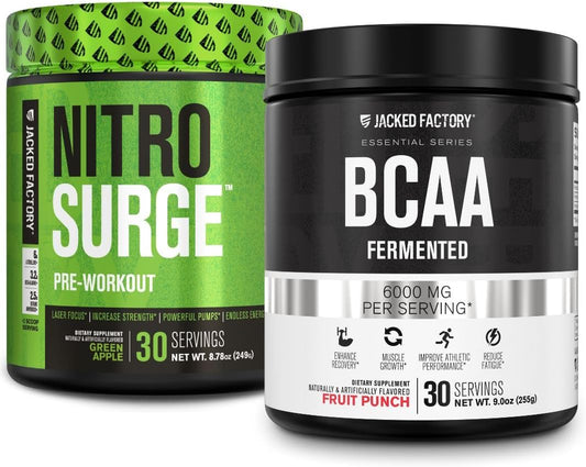 Jacked Factory Nitrosurge Pre-Workout in Green Apple & BCAA in Fruit Punch: Muscle Building & Recovery Formula