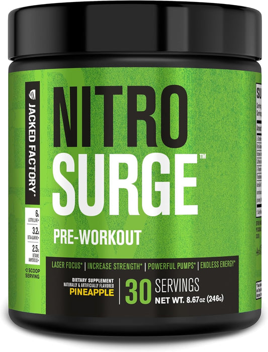 Jacked Factory NITROSURGE Pre Workout Supplement - Boost Energy, Strength, Focus, and Pumps - Nitric Oxide Booster with Beta Alanine - 30 Servings, Pineapple Flavor
