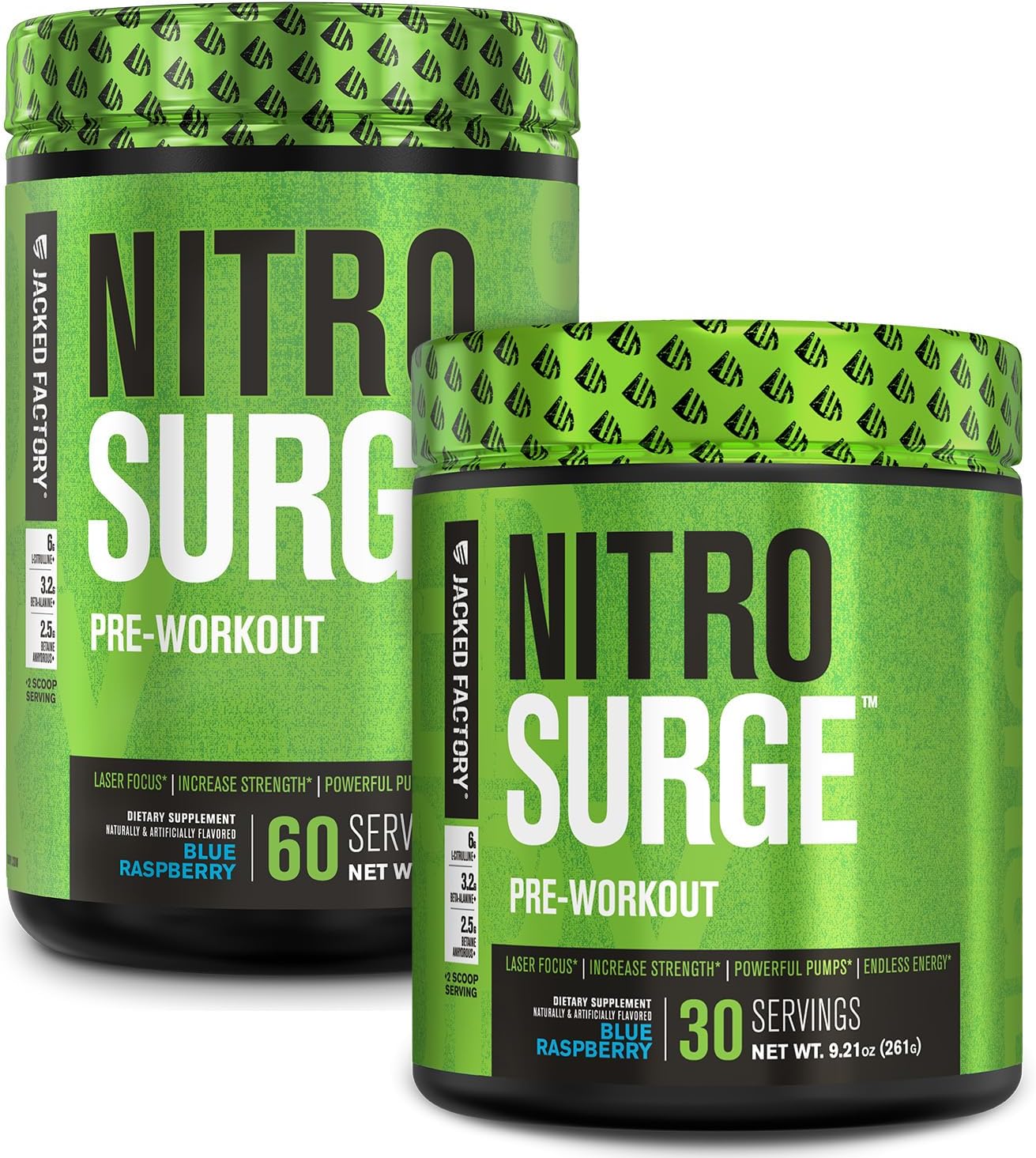 Jacked Factory NITROSURGE Pre Workout Supplement - Energy Booster with Clear Focus & Intense Pumps - NO Booster Powder - 90 Servings, Blue Raspberry Flavor