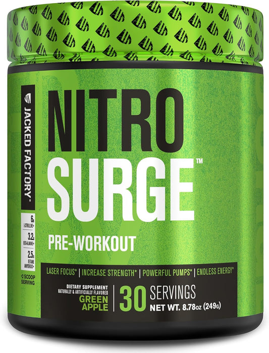 Jacked Factory NITROSURGE Pre Workout Supplement - Energy, Strength, Focus, Pumps - NO Booster & Preworkout Powder - 30 Servings, Green Apple