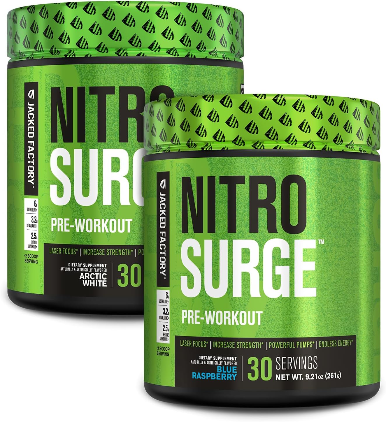 Jacked Factory NITROSURGE Pre Workout Supplement for Energy, Strength, Focus, & Pumps - Blue Raspberry & Arctic White (60 Servings)