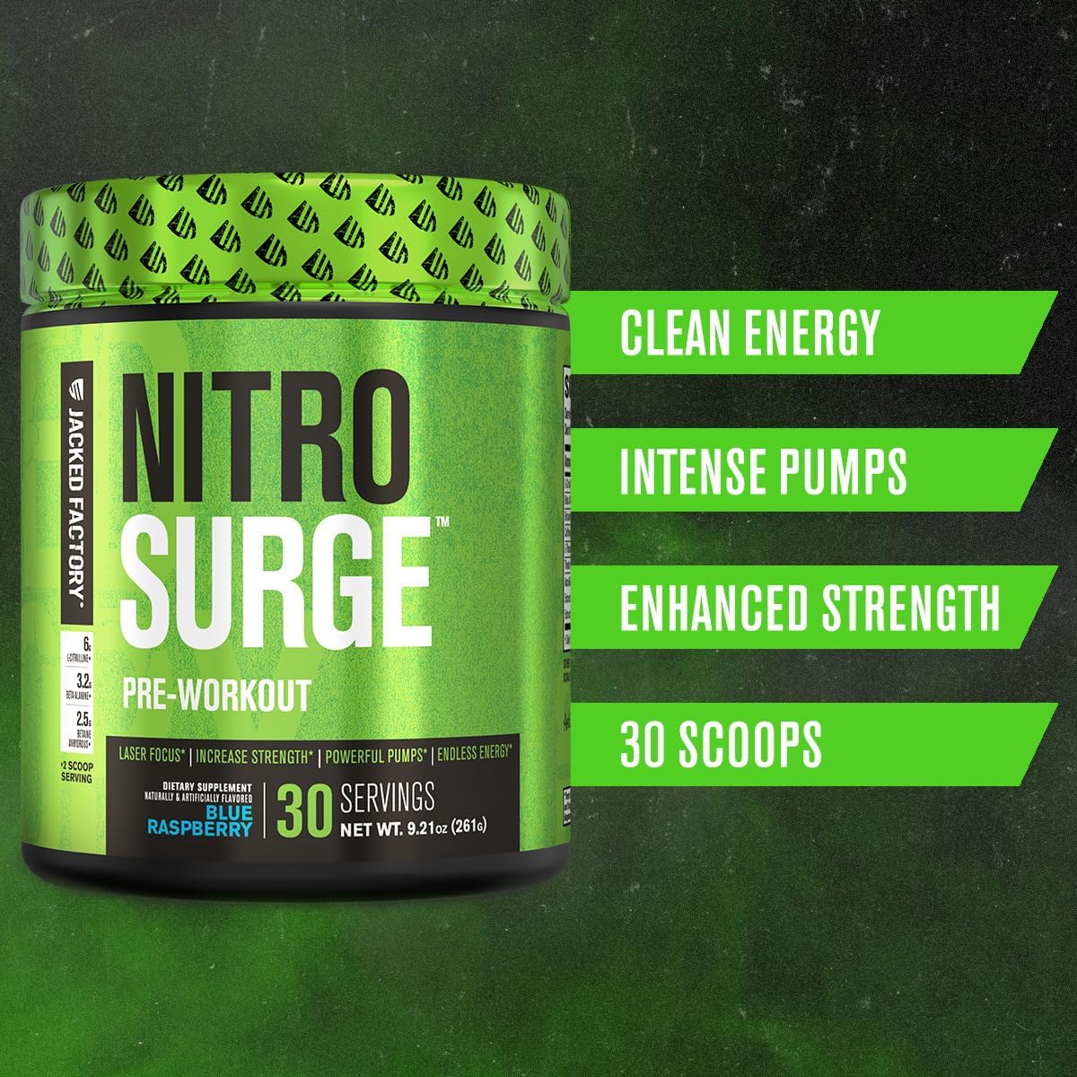Jacked Factory NITROSURGE Pre Workout Supplement for Energy, Strength, Focus, & Pumps - Blue Raspberry & Arctic White (60 Servings)