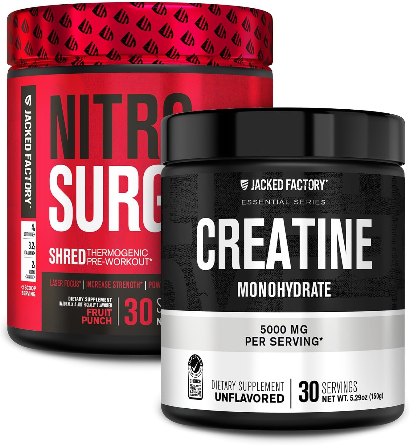 Jacked Factory NITROSURGE Shred & Creatine Monohydrate Combo Pack - Pre Workout Supplement & Powder (Fruit Punch & Unflavored, 30 Servings each)
