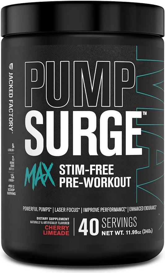 Jacked Factory Pumpsurge Max Stimulant-Free Pre Workout - Caffeine-Free Formula with L-Citrulline, N03-T Arginine Nitrate & Glutathione - 40 Servings, Cherry Limeade