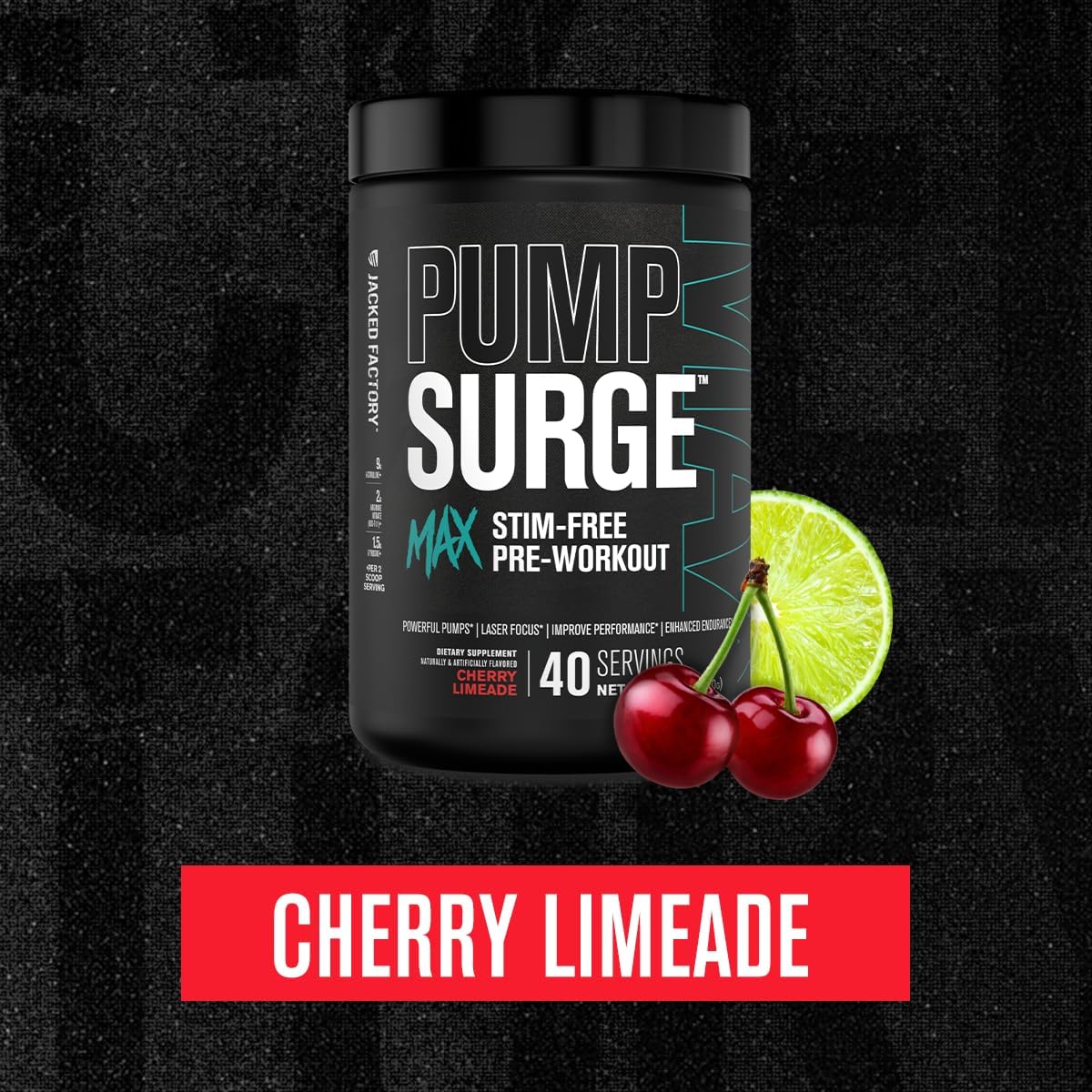 Jacked Factory Pumpsurge Max Stimulant-Free Pre Workout - Caffeine-Free Formula with L-Citrulline, N03-T Arginine Nitrate & Glutathione - 40 Servings, Cherry Limeade