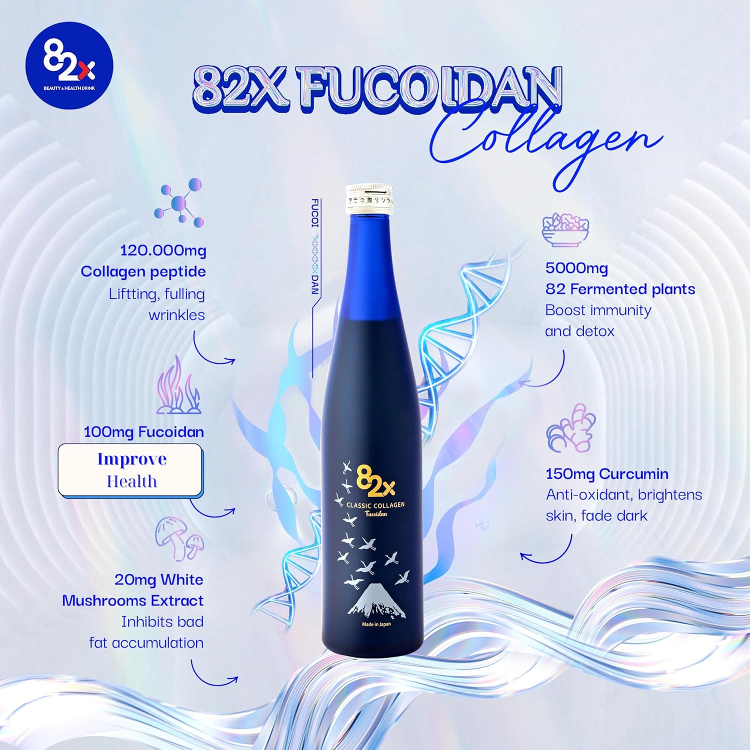 Japanese 82X Fucoidan Collagen Liquid Drink with Marine Fish Tuna Peptides for Skin, Hair, Nails - Enhanced with 82 Fermented Plants, Vitamins, Minerals & Supplements