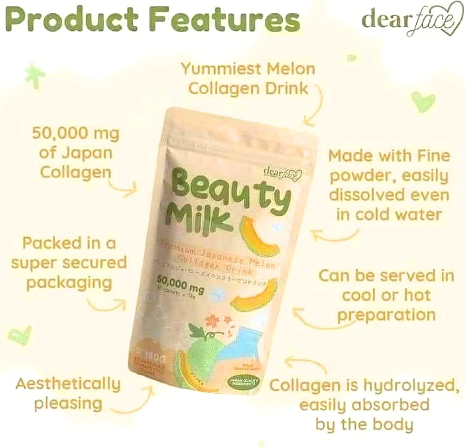 Japanese Collagen MELON Drink with 50,000mg Hydrolyzed Collagen for Face Beauty - 6.3 oz