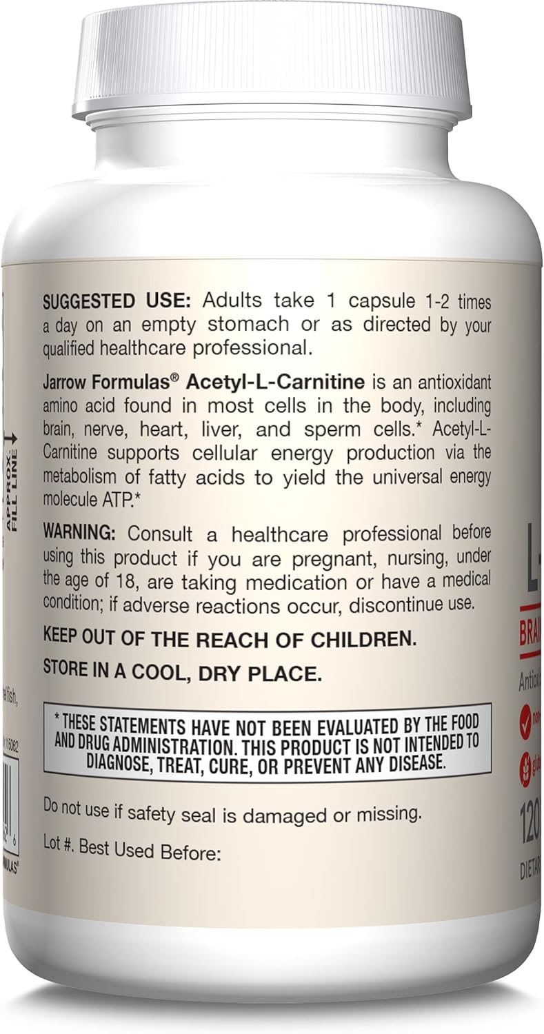Jarrow Formulas Acetyl L-Carnitine 500mg Capsules – Brain Health & Antioxidant Support, 120 Day Supply (12 Pack)