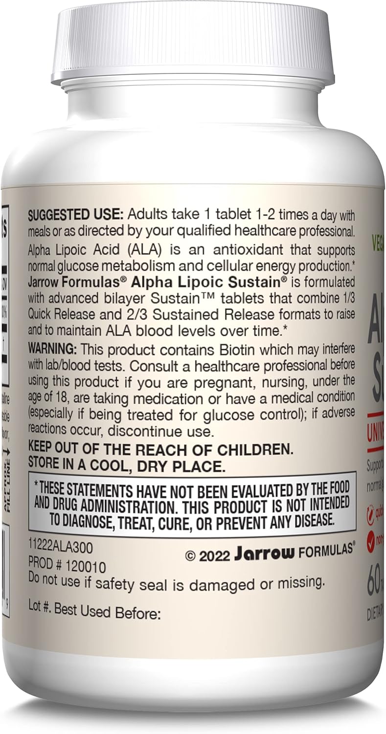 Jarrow Formulas Alpha Lipoic Sustain with Biotin - 300mg Universal Antioxidant Dietary Supplement - 60 Vegan Tablets - 60 Day Supply