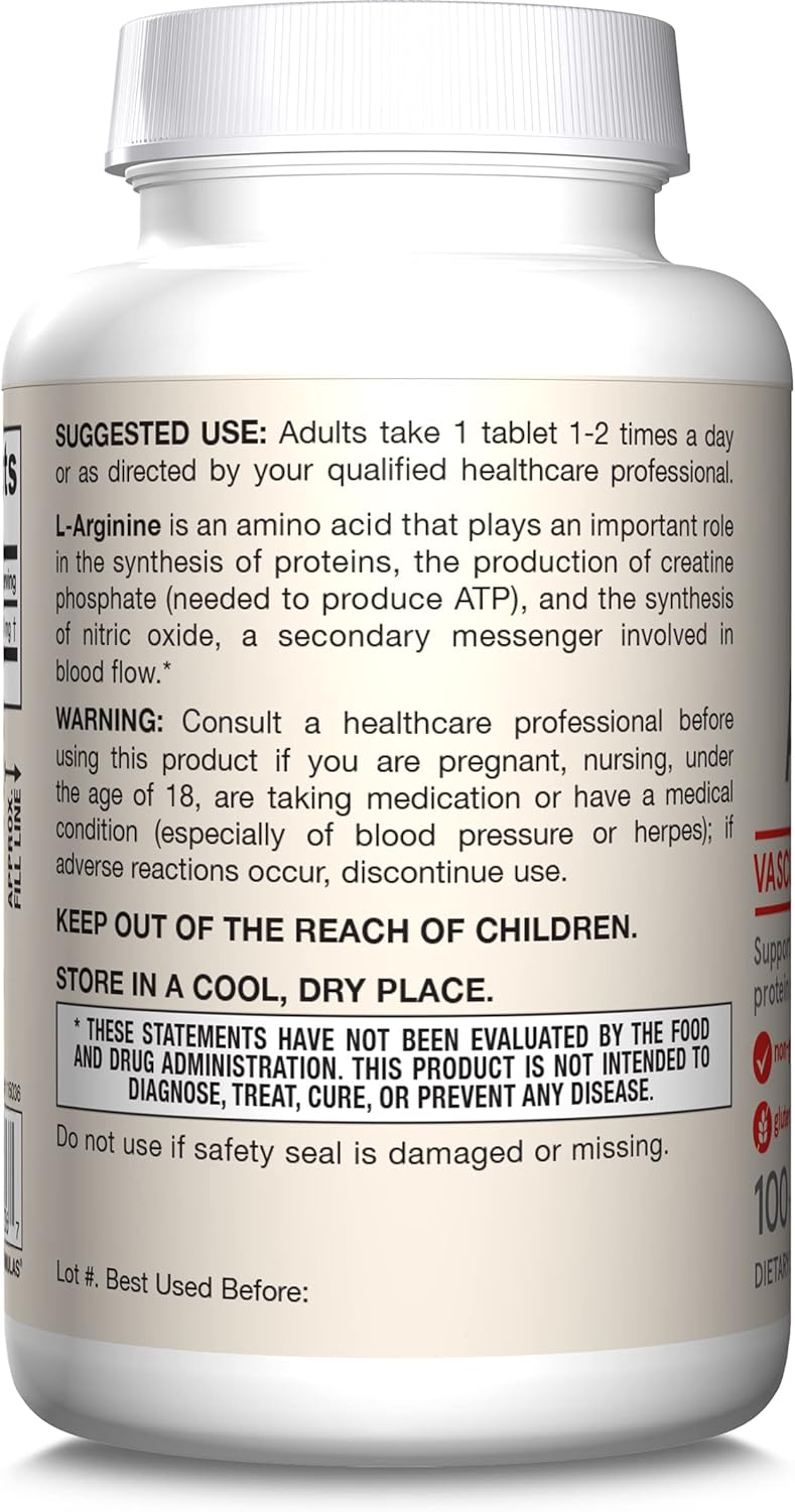 Jarrow Formulas Arginine 1000mg Tablets for Nitric Oxide & Protein Synthesis, 100 Day Supply