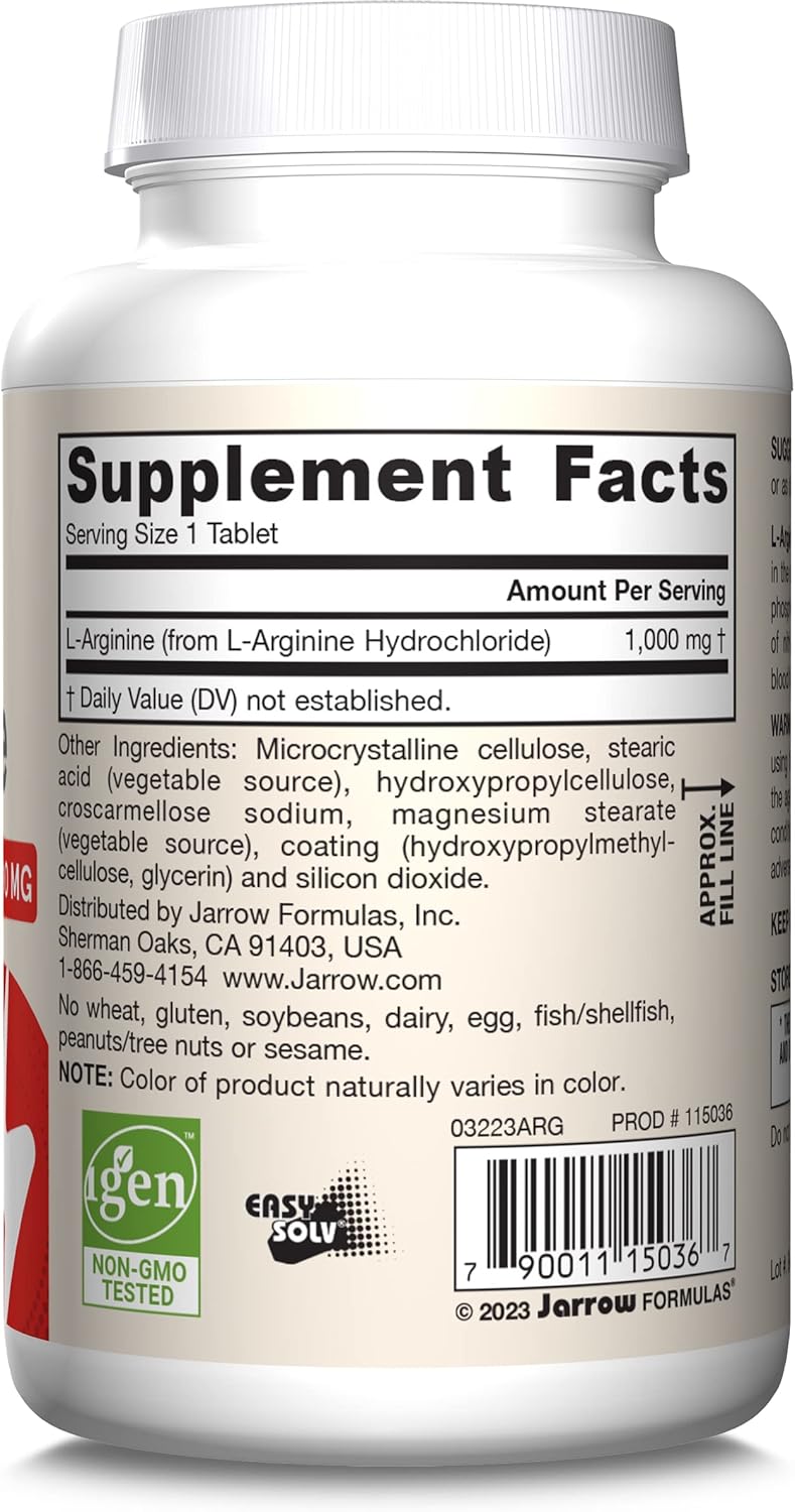 Jarrow Formulas Arginine 1000mg Tablets for Nitric Oxide & Protein Synthesis, 100 Day Supply