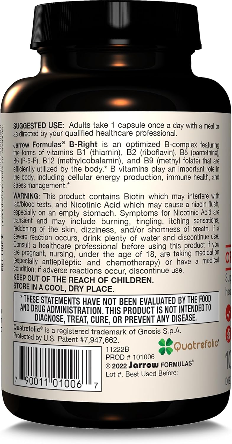 Jarrow Formulas B-Right B Complex with Vitamin B1, B2, B5, B6, B12, and B9 for Energy, Immune Health, and Stress, 1200 Veggie Caps - 1200 Day Supply