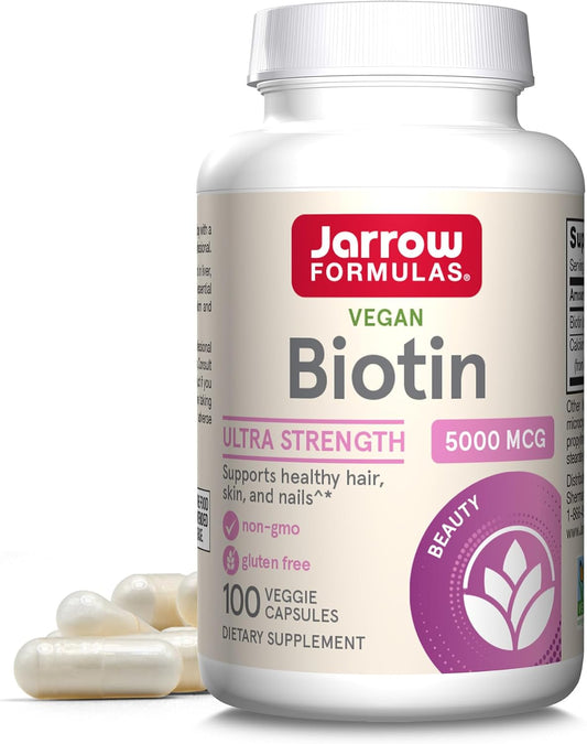 Jarrow Formulas Biotin Ultra Strength 5000 mcg Supplement for Hair, Skin, Nails - 100 Veggie Capsules, 100 Day Supply