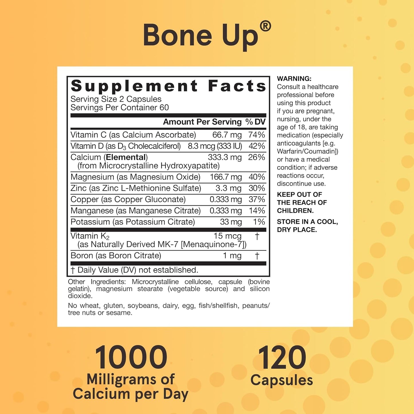 Jarrow Formulas BoneUp Supplement - 120 Capsules, 60 Servings - Bone & Skeletal Support with Vitamin D3, K2, Calcium - Gluten Free, Non-GMO