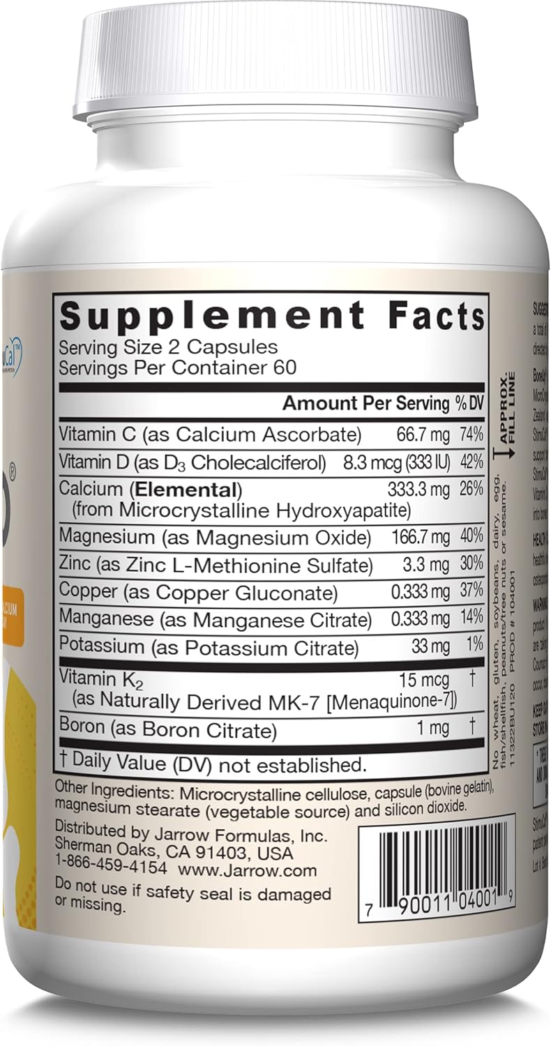 Jarrow Formulas BoneUp Supplement - 120 Capsules, 60 Servings - Bone & Skeletal Support with Vitamin D3, K2, Calcium - Gluten Free, Non-GMO