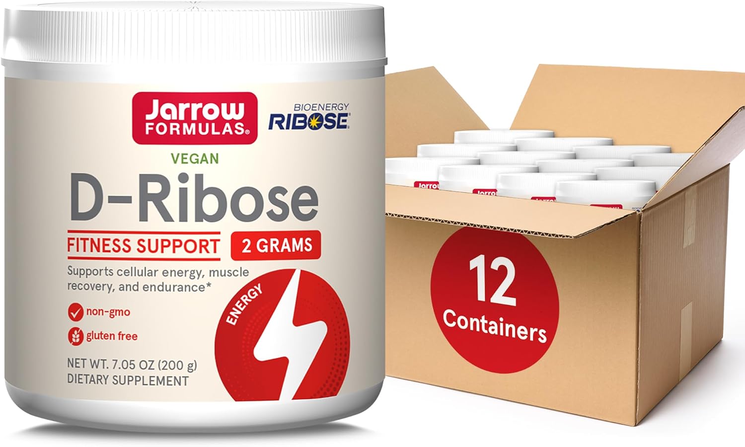 Jarrow Formulas D-Ribose Powder - 200g - Supports Muscle Recovery, Energy & Endurance - Vegan - Non-GMO - 90 Servings (Pack of 12)