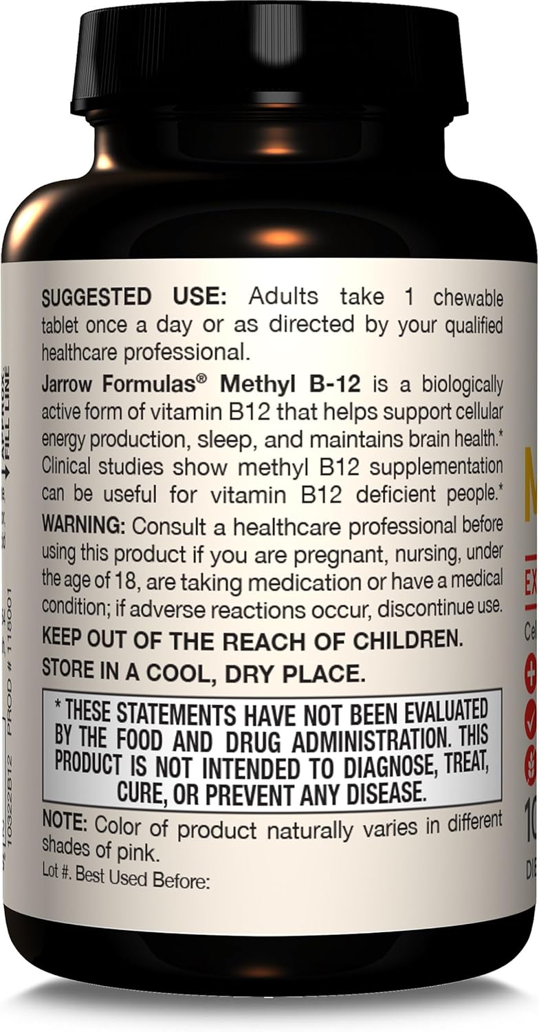 Jarrow Formulas Extra Strength Methyl B-12 Chewable Tablets for Cellular Energy - 100 Day Supply