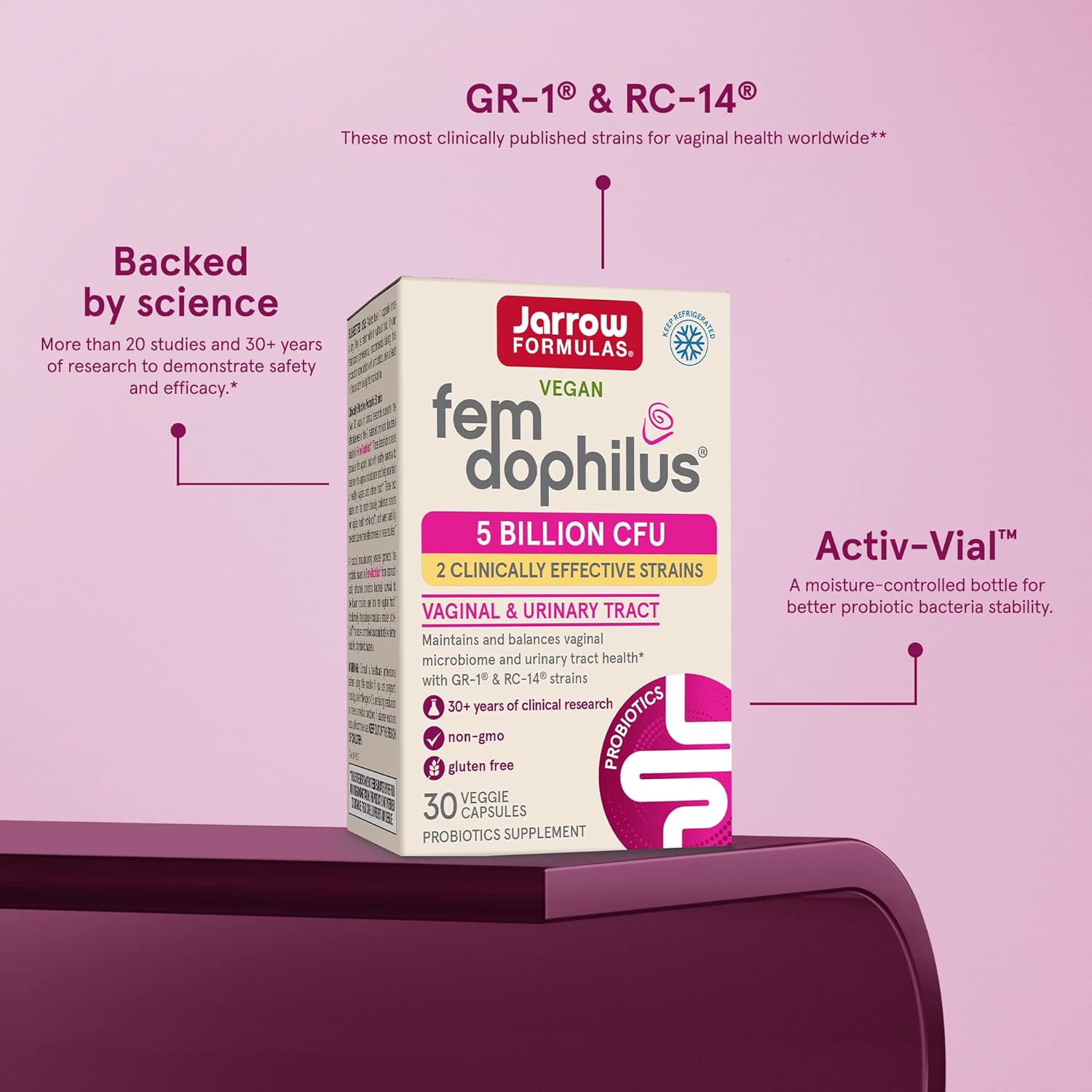 Jarrow Formulas Fem-Dophilus Probiotic for Women - 5 Billion CFU - Supports Urinary Tract and Vaginal Health - 30 Veggie Capsules