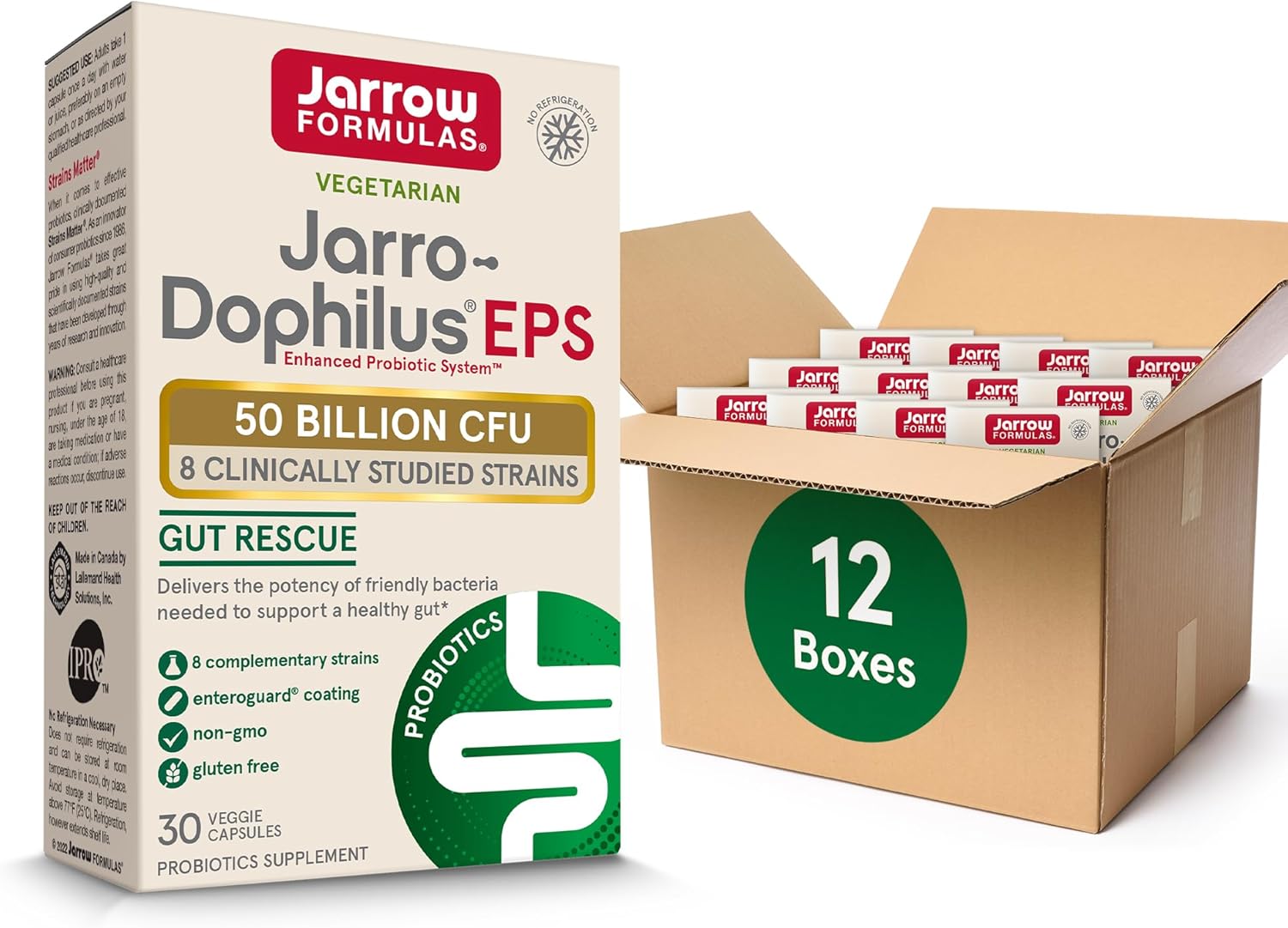 Jarrow Formulas Jarro-Dophilus EPS Probiotics 50 Billion CFU, 8 Strains, Gut Health Support, 30 Capsules x12